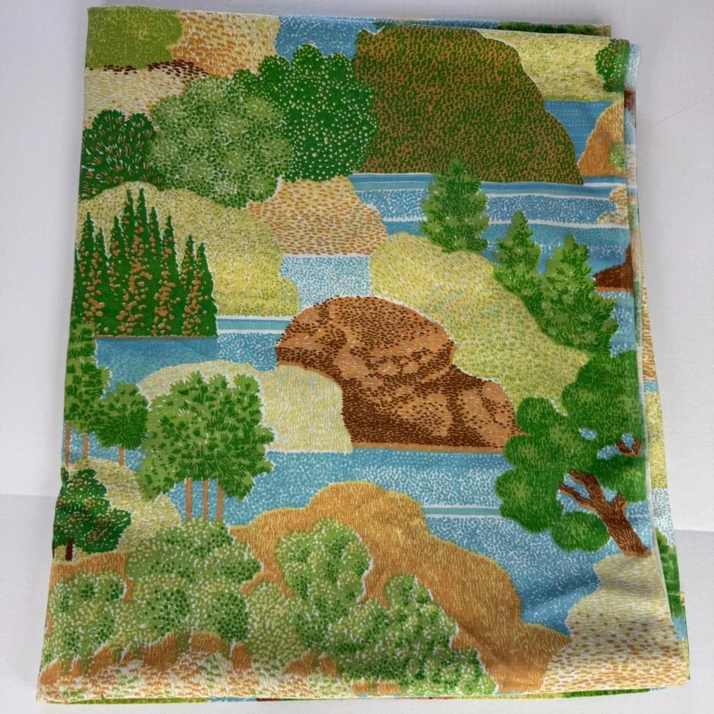 Vintage Landscape Nature Pointillism Scenic Trees River Green Blue Sheet Full